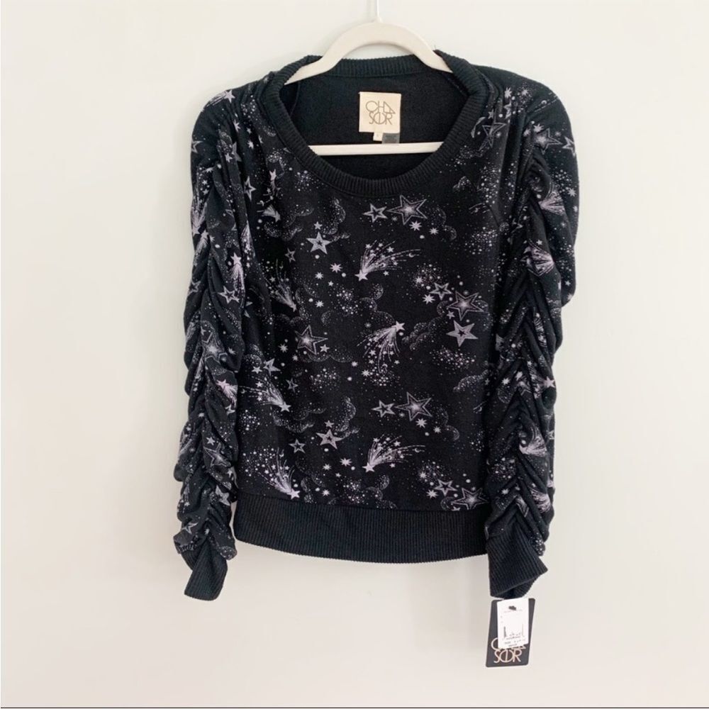 Chaser Bliss Shirred Sleeve Sweatshirt Mystical Star Print Constellation Sweater